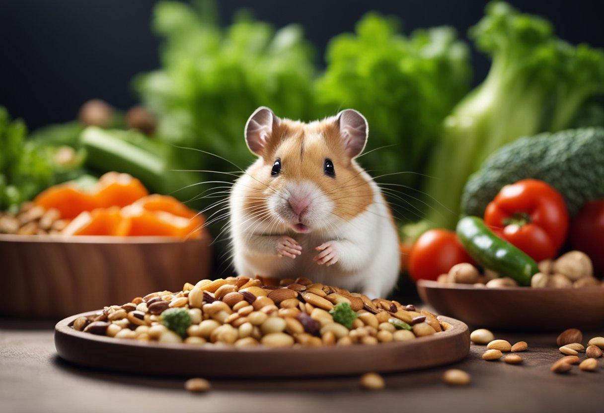 A hamster eagerly nibbles on a pile of fresh vegetables, seeds, and nuts, unable to resist the tempting array of food
