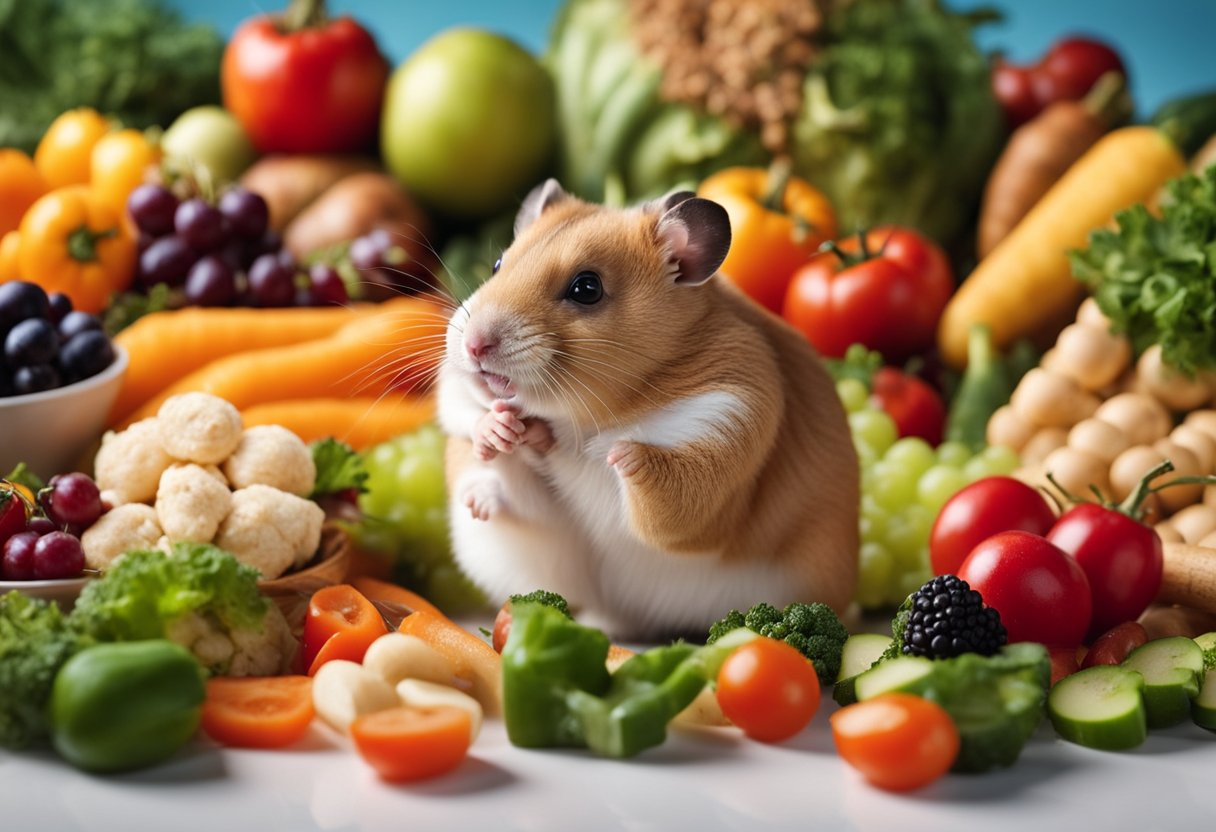 A hamster surrounded by various food items, eagerly sniffing and reaching out towards a pile of fresh vegetables and fruits