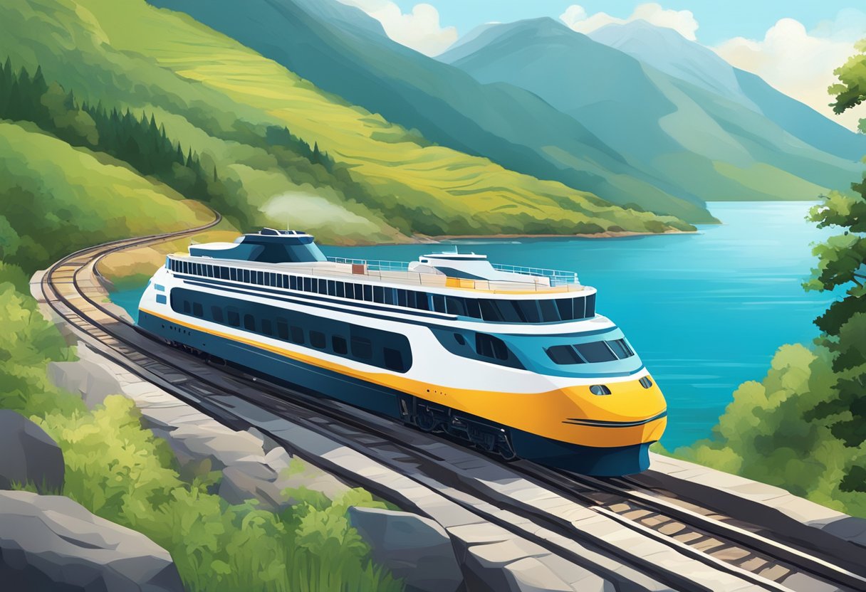 A cruise ship glides through calm waters while a train winds through picturesque landscapes, showcasing the contrast between cruising and land trips