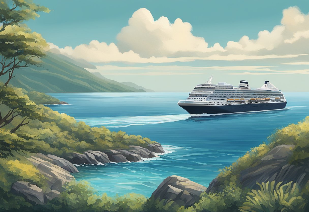 A cruise ship glides through calm waters, while a rugged landscape stretches out in the distance. The contrast between the serene ocean and the wild terrain captures the essence of the experience of cruising versus land trips