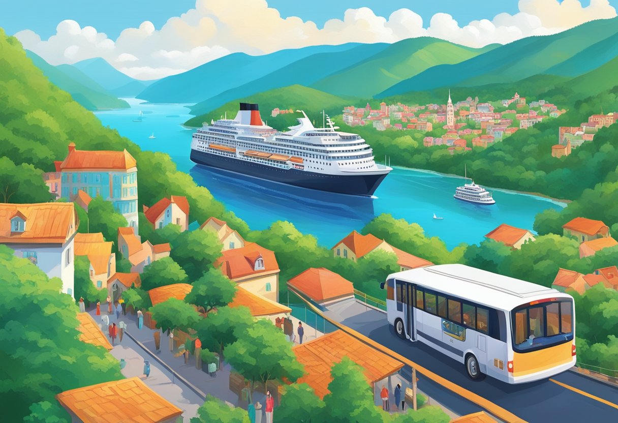 A cruise ship sails on calm waters, surrounded by lush green islands on one side and a vibrant city skyline on the other. A tour bus winds through scenic mountains, passing quaint villages and colorful markets