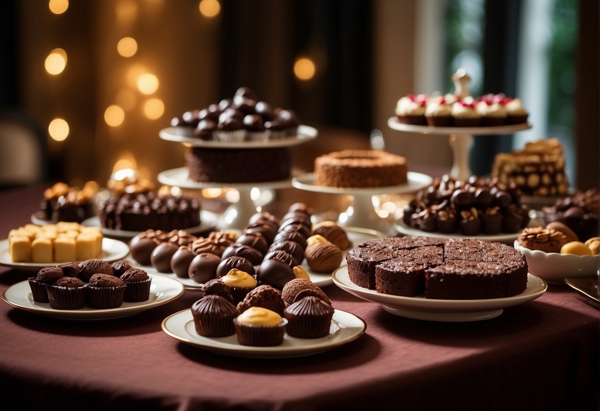 A table spread with an assortment of decadent chocolate desserts, including cakes, tarts, and truffles, arranged on elegant platters and dishes. A soft, warm light bathes the scene, highlighting the rich textures and inviting colors of the treats