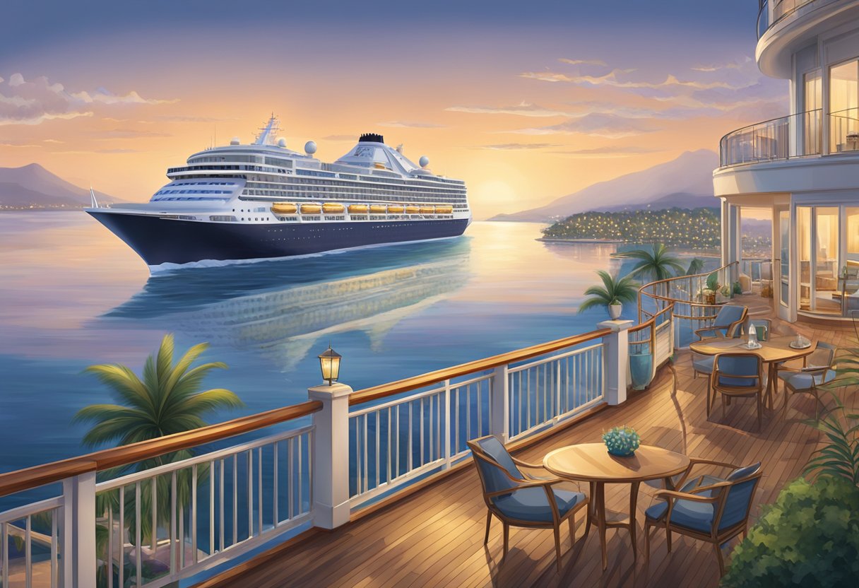 A cruise ship sails on calm waters, with luxurious accommodations and amenities visible on the deck. In the distance, a bustling city skyline contrasts with the serene ocean