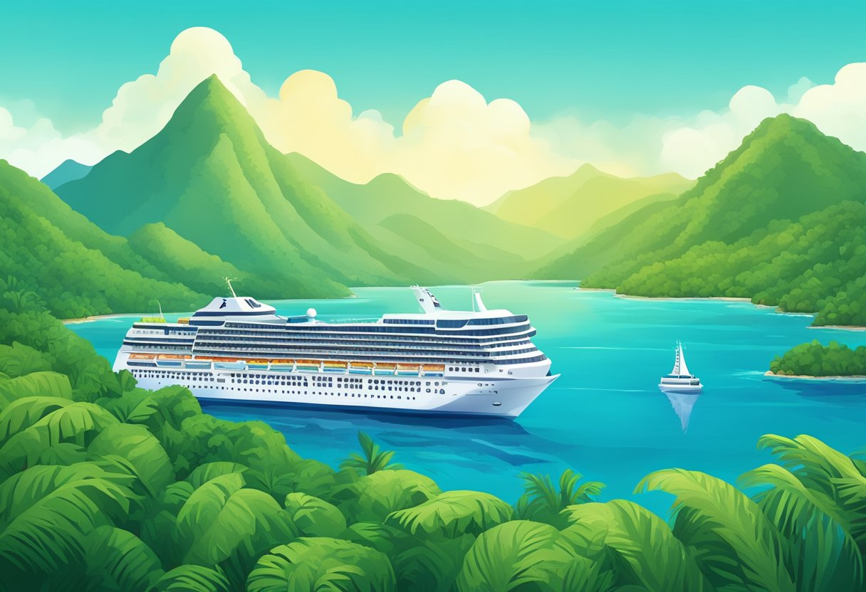 A cruise ship sails past a tropical island while a luxury tour bus drives through a scenic mountain range. The cruise ship is surrounded by clear blue water and the tour bus is surrounded by lush greenery