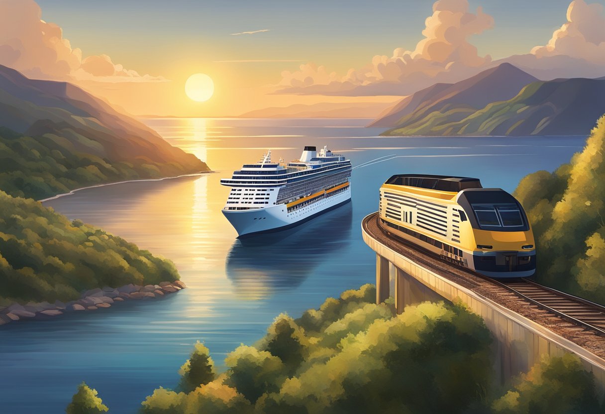 A cruise ship sails past a serene coastline, while a train chugs through a picturesque countryside. The sun sets in the background, casting a warm glow over both scenes