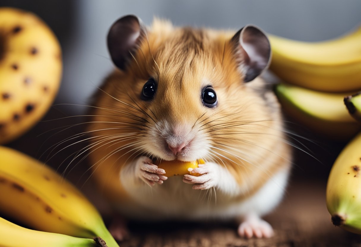 A hamster nibbles on a ripe banana, its small paws holding the fruit as it takes small bites