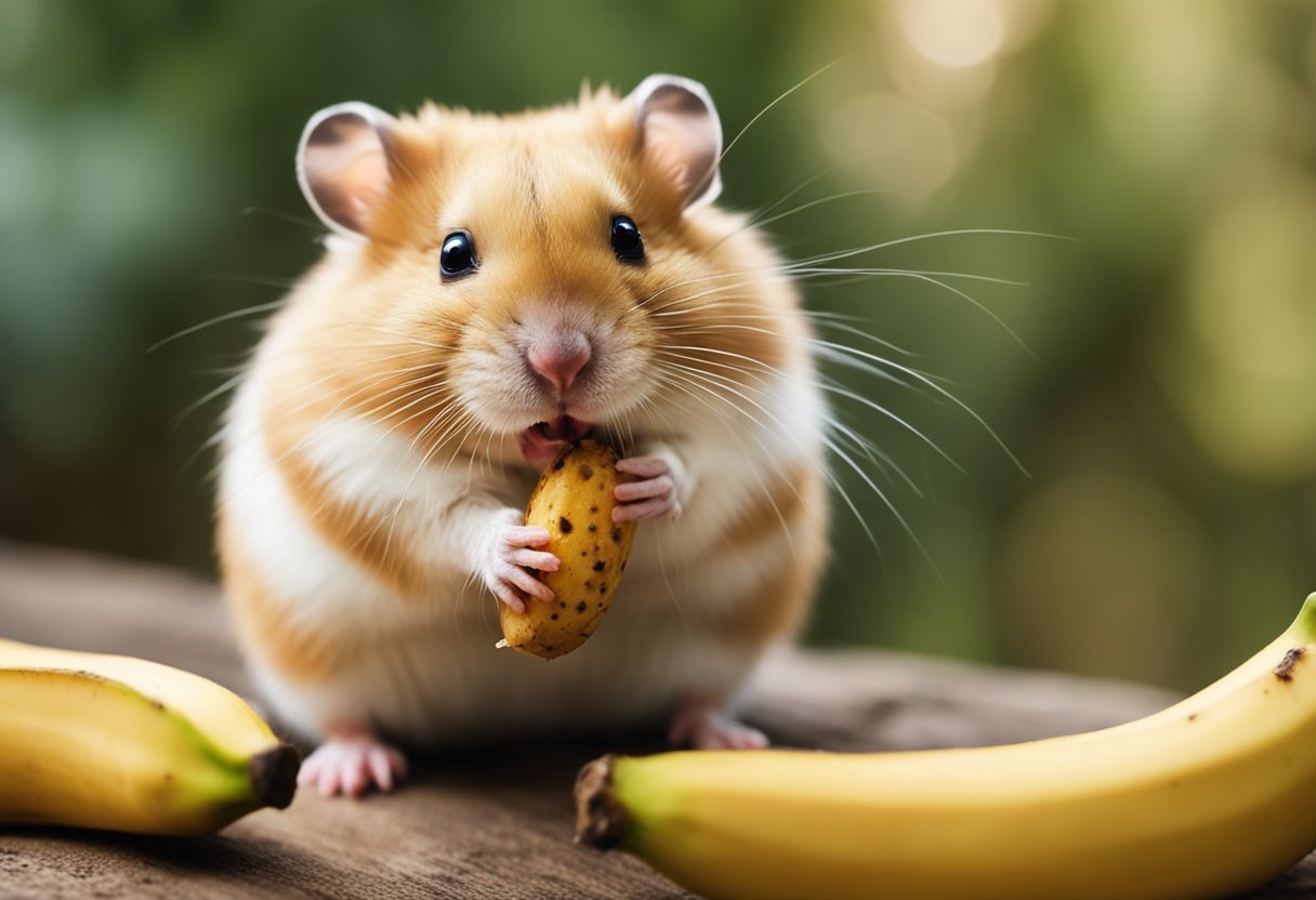 A hamster eagerly nibbles on a ripe banana, its cheeks bulging with the sweet treat