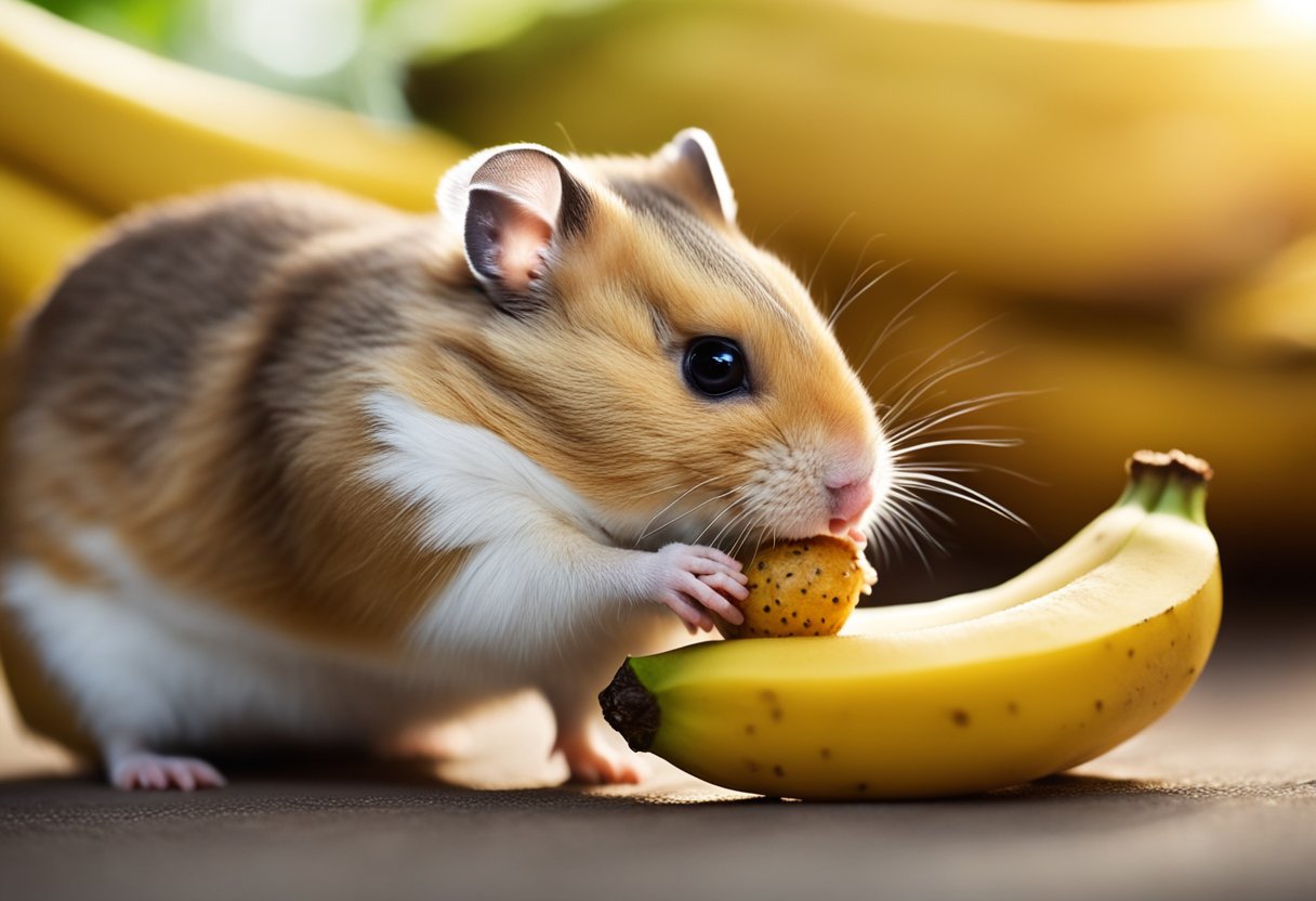 A hamster munches on a ripe banana, its tiny paws holding the fruit as it nibbles away