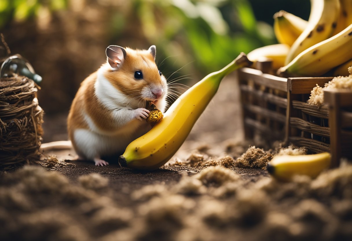 A hamster munches on a ripe banana, surrounded by scattered bedding and a small water bottle