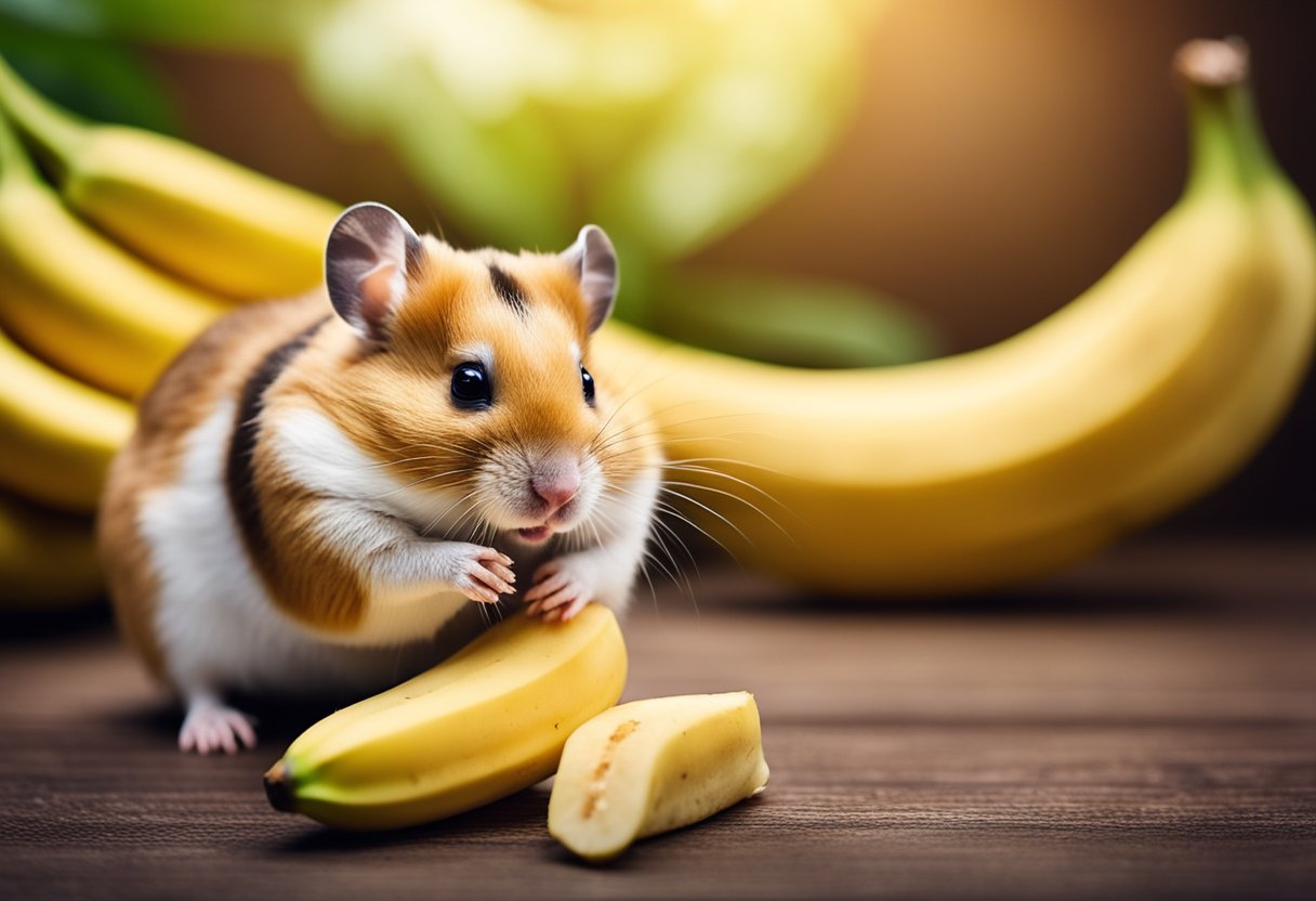 A hamster sitting in front of a small pile of bananas, sniffing and nibbling on one to answer the question "Do hamsters eat banana?"