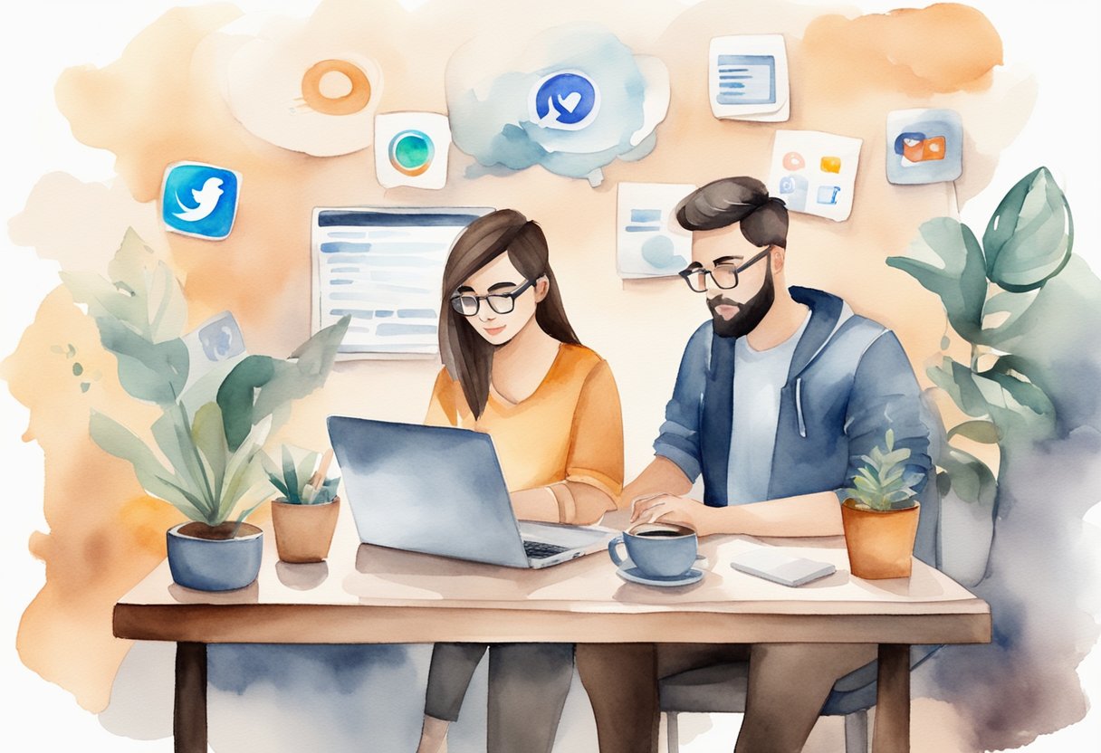 A blogger sits at a desk, typing on a laptop with various social media icons in the background. A cup of coffee and notebook are nearby