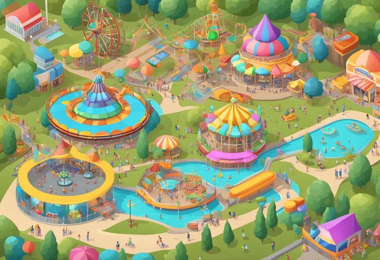 A bustling amusement park with colorful rides and attractions, surrounded by excited families and children enjoying a fun-filled day of adventure