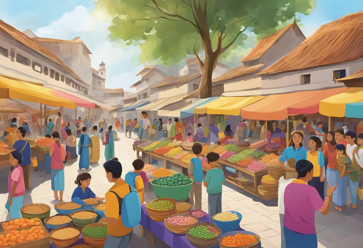 A bustling street market with colorful stalls selling traditional crafts and educational workshops for children. A lively cultural performance takes place in the background, surrounded by families enjoying the immersive experience
