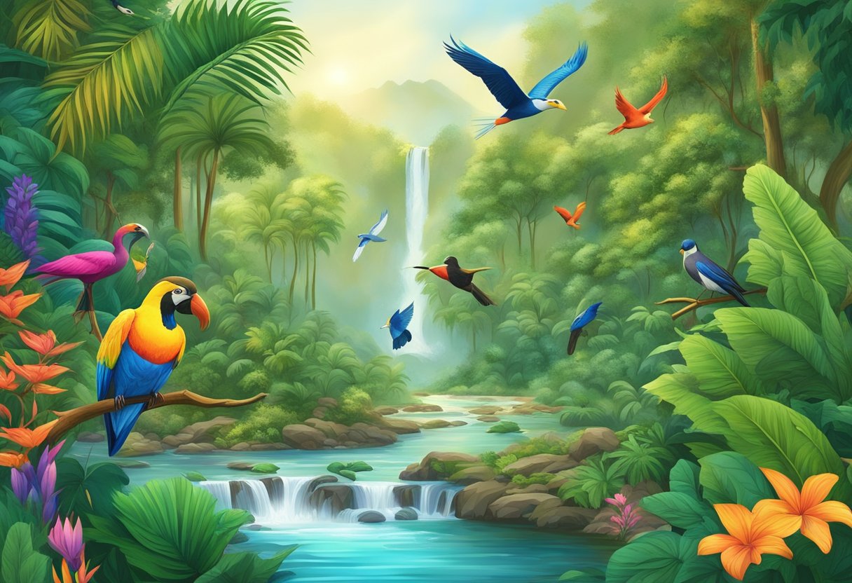 Lush jungle with vibrant wildlife, cascading waterfalls, and diverse flora. A serene river winds through the landscape, surrounded by towering trees and colorful birds
