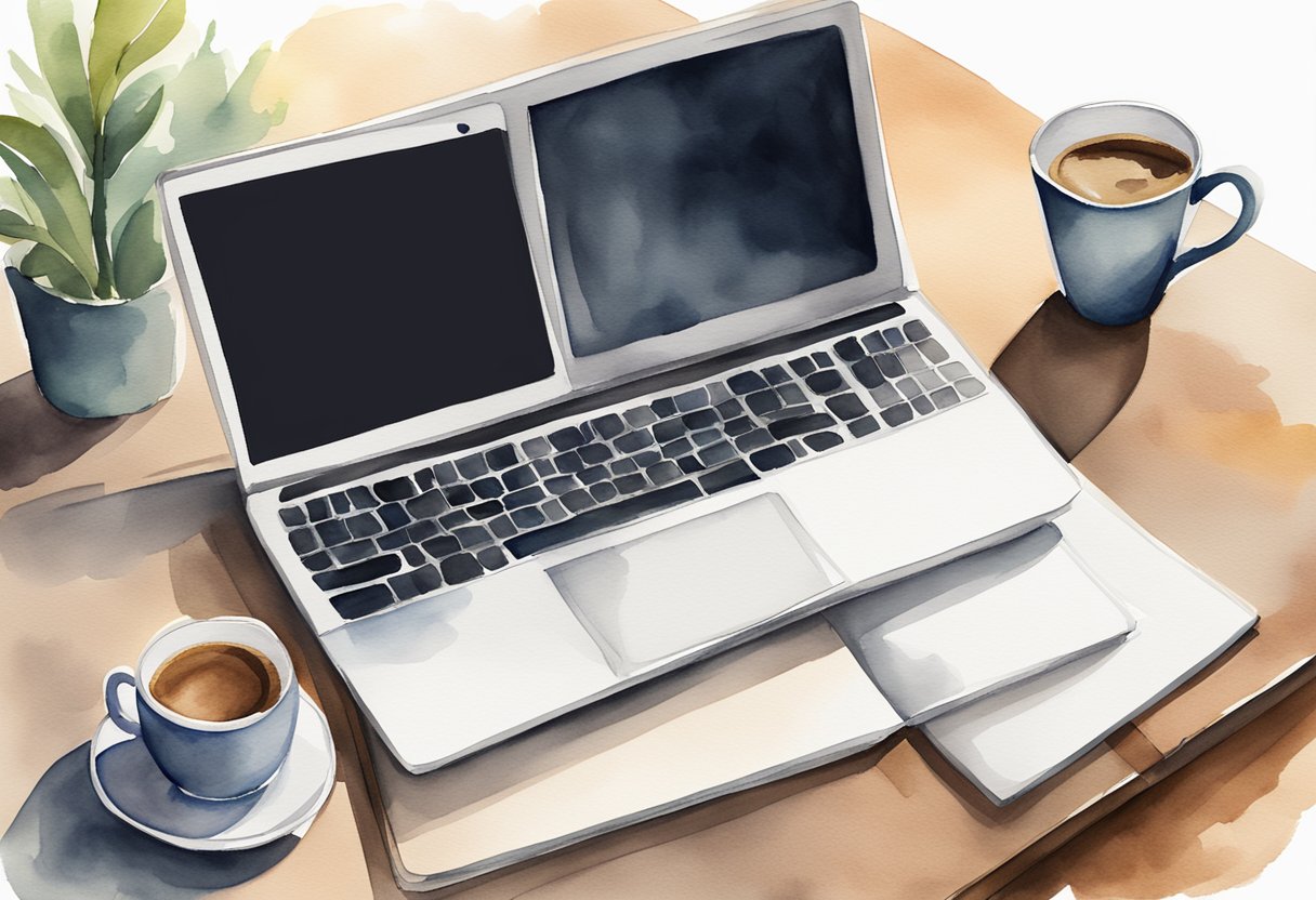 A laptop open on a desk, with a blank screen and a cup of coffee next to it. A notebook and pen sit nearby, ready for brainstorming