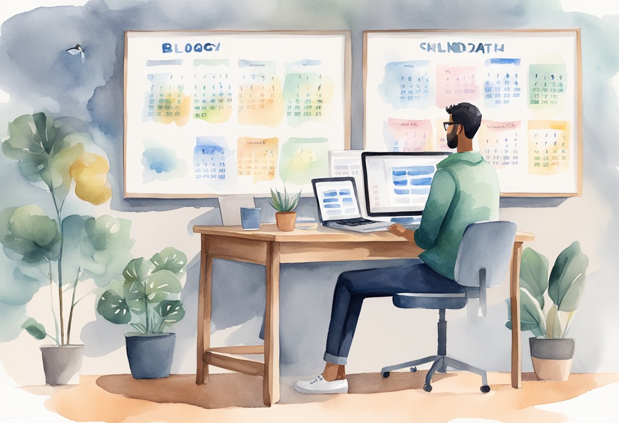 A person sitting at a desk, typing on a laptop with various blog post ideas and a calendar on the wall