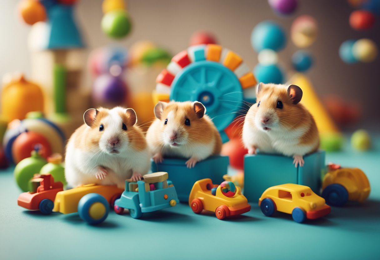 Hamsters surrounded by colorful toys and running on a wheel
