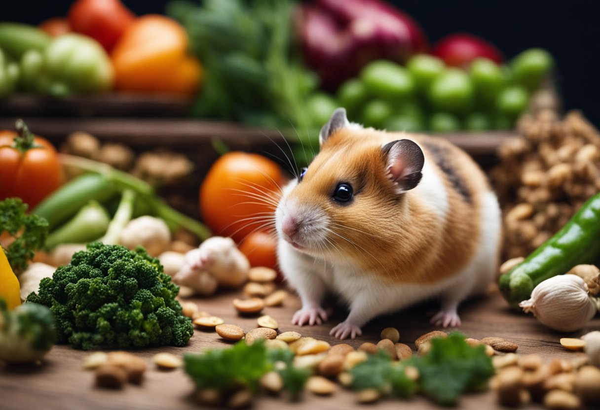 A hamster eagerly munches on a pile of fresh veggies and seeds in its cozy cage