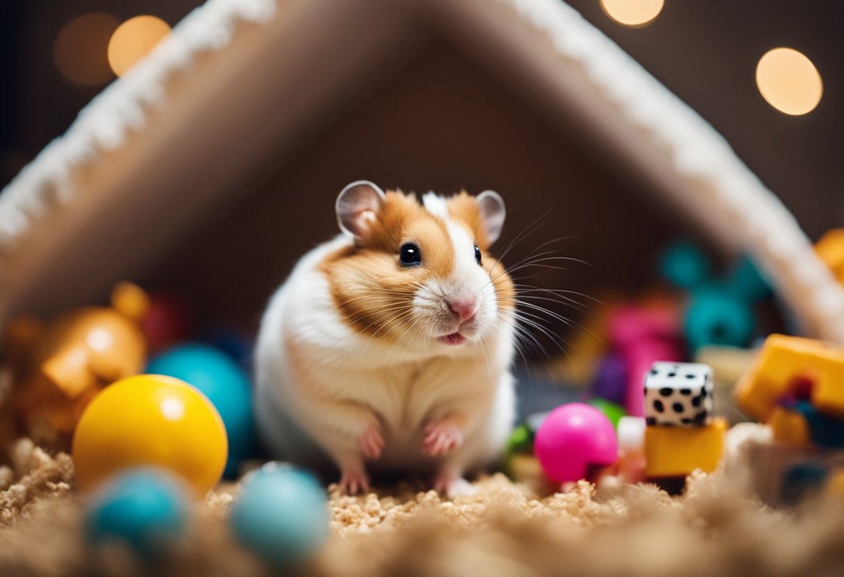 A hamster surrounded by various toys and tunnels, happily exploring and playing in a spacious cage with plenty of bedding and hiding spots