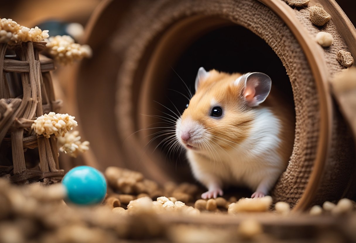 A hamster surrounded by its favorite resources: a wheel, chew toys, tunnels, and a cozy nesting area