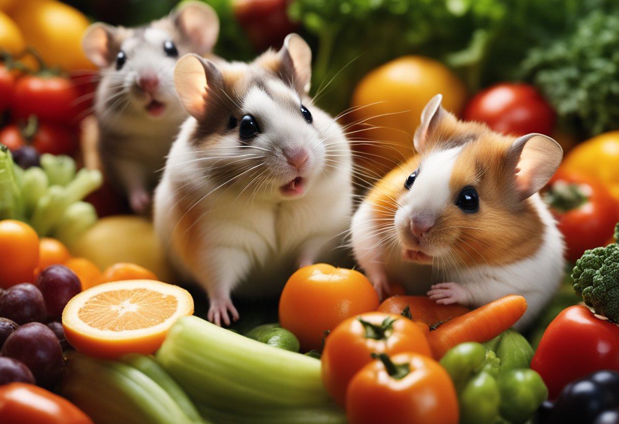 A group of hamsters eagerly surrounding a pile of fresh vegetables and fruits, their tiny noses twitching with excitement