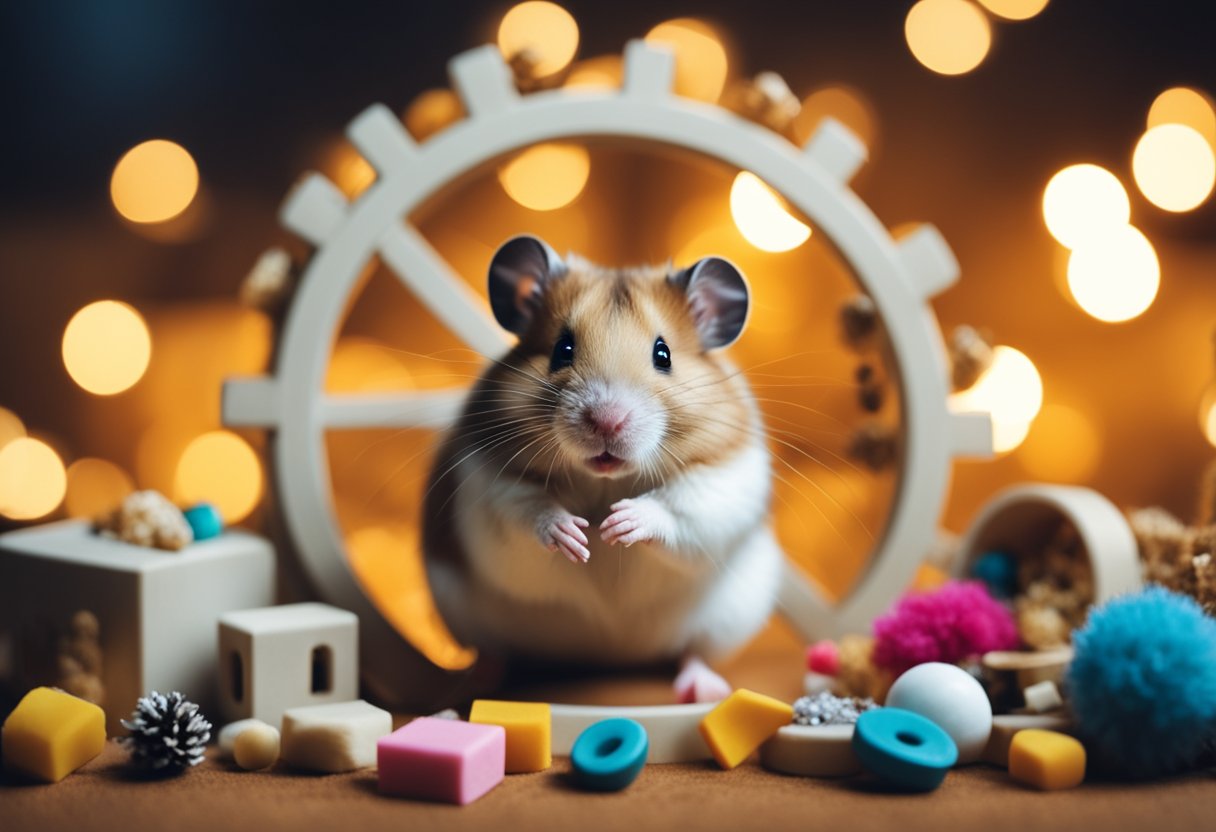 A hamster surrounded by its favorite things: a wheel, chew toys, and a cozy nest