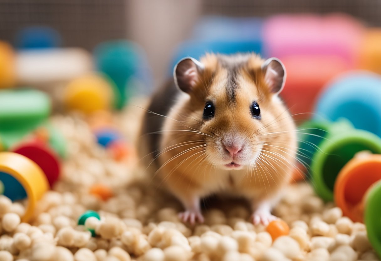 A hamster exploring a spacious, clean cage with plenty of tunnels, toys, and a comfortable bedding area