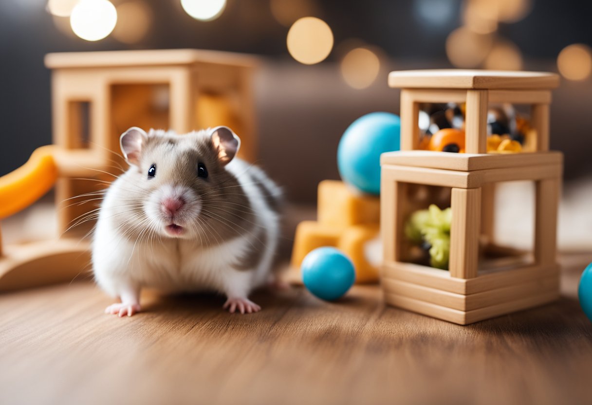 A hamster enjoying a variety of toys, tunnels, and hiding spots in a spacious, clean cage with fresh bedding and a balanced diet