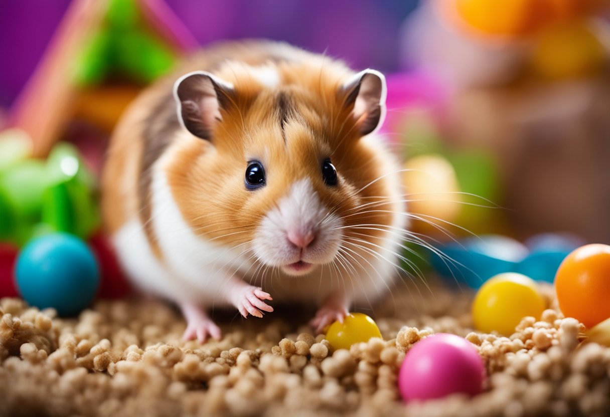 A hamster sits in a colorful cage with toys and tunnels, surrounded by fresh bedding and a full food dish