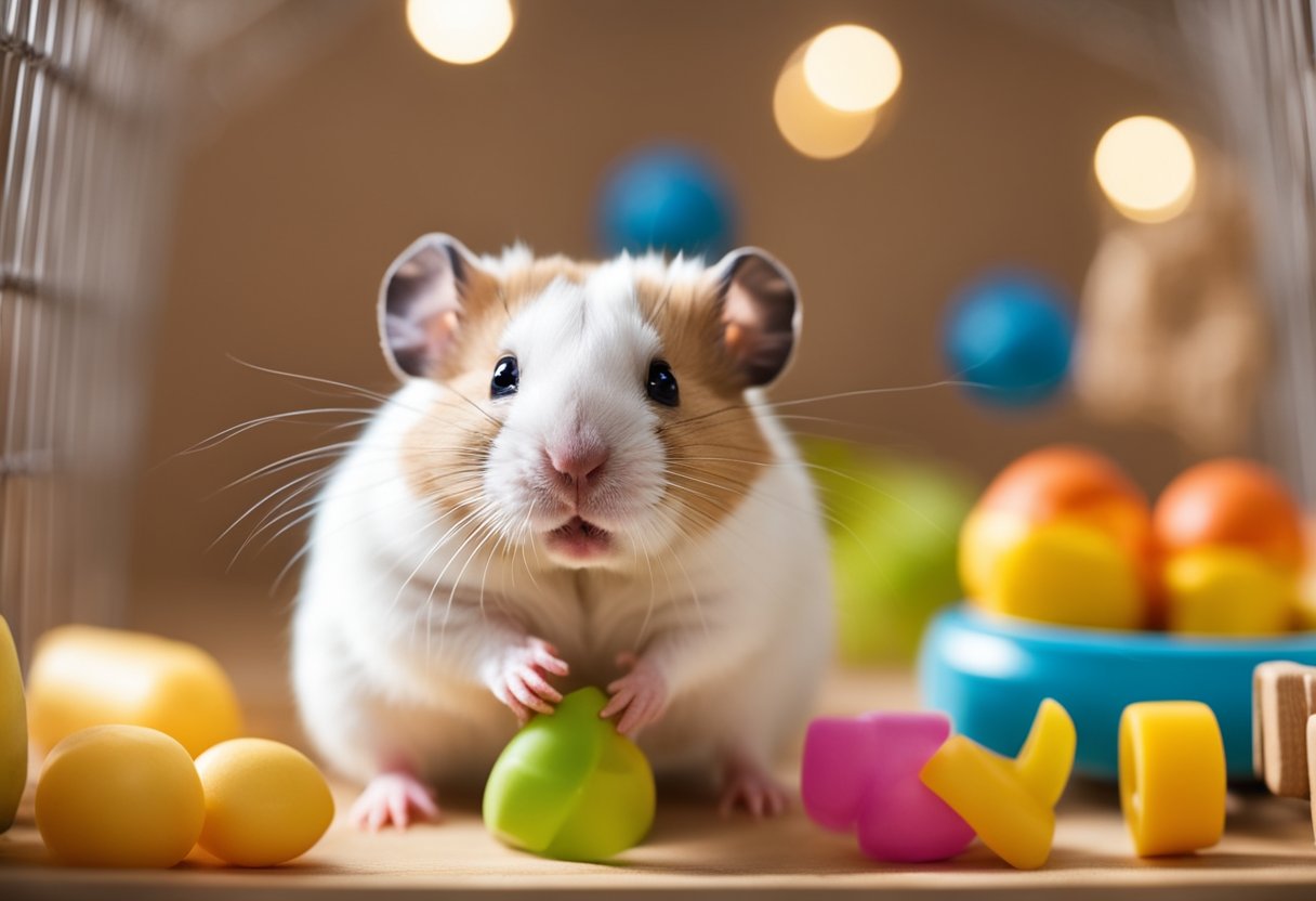 A hamster with a bright, alert expression sits in a clean, spacious cage with plenty of toys and hiding spots. A wheel for exercise and fresh food and water are also visible
