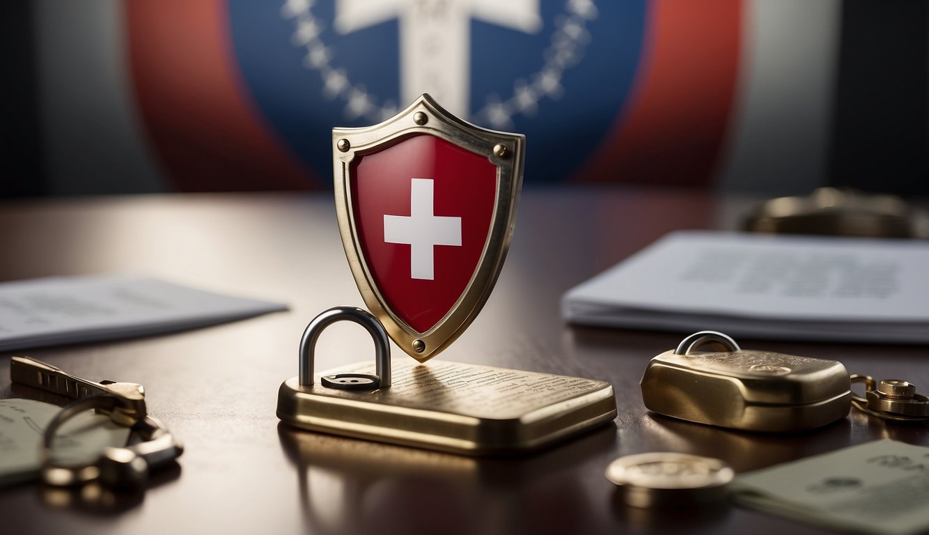 A shield with a lock symbol surrounded by legal documents and a Swiss flag