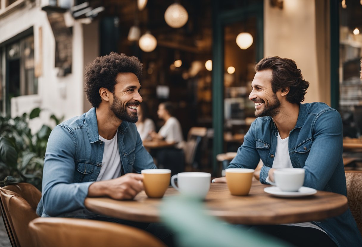 An expat and a digital nomad engage in a friendly debate over coffee at a bustling cafe in a foreign city. The expat is settled with roots in the community, while the digital nomad is constantly on the move, working remotely from their