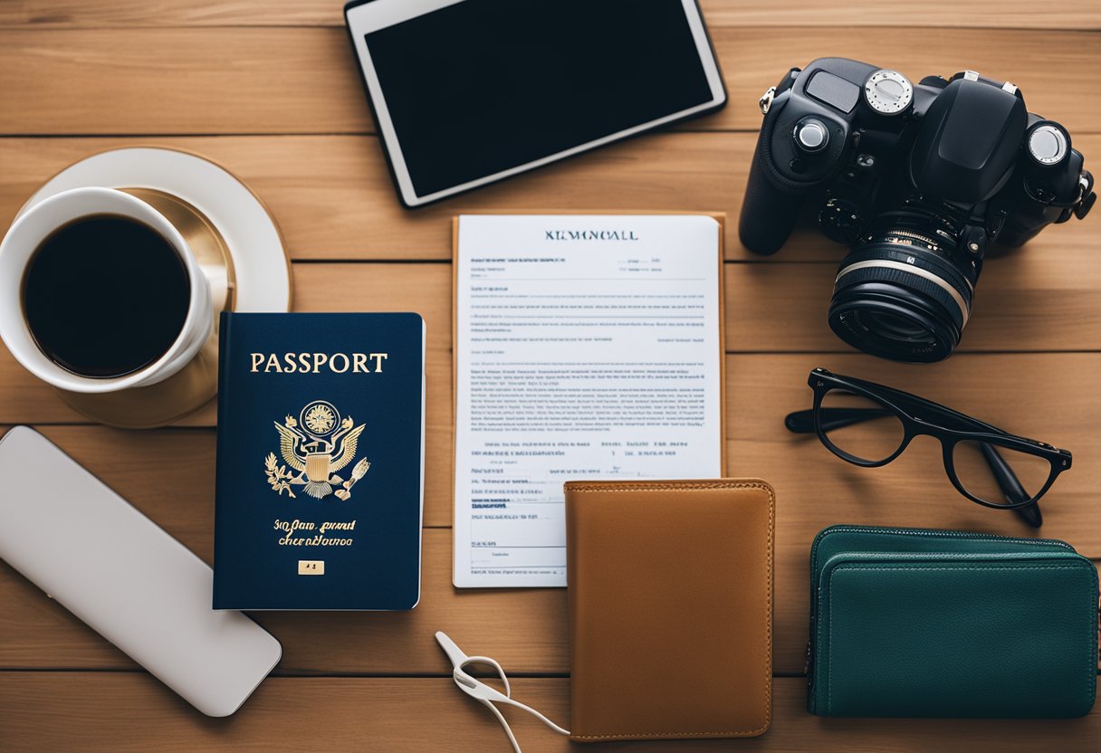 A stack of legal documents and passports contrasted with a laptop and travel gear, symbolizing the differences between expat and digital nomad lifestyles