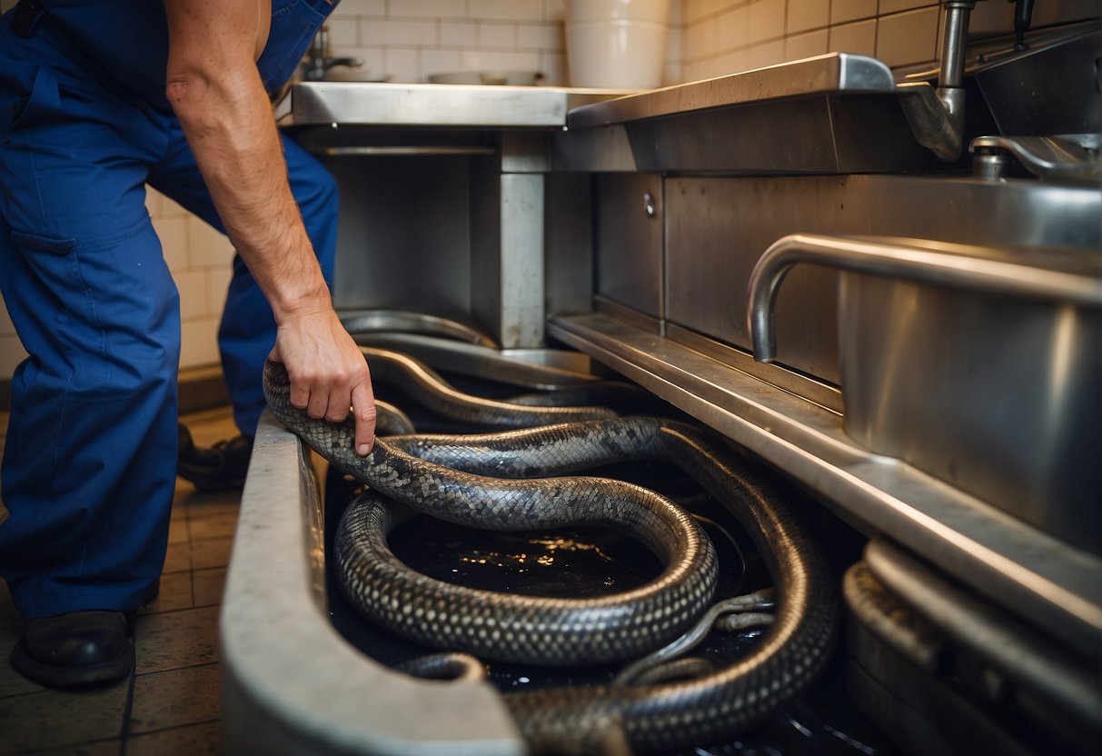 A plumber unclogs a grease trap with a drain snake