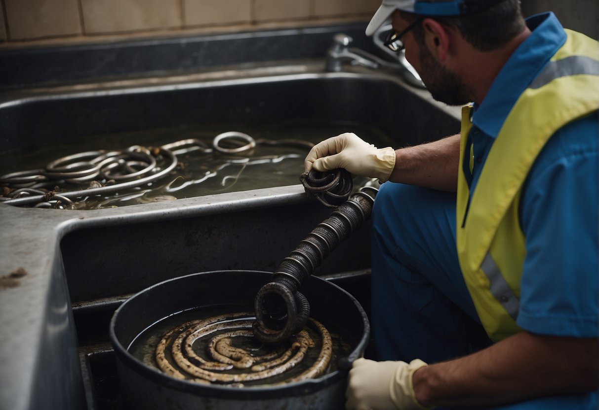 A plumber clearing a clogged grease trap with a drain snake and bucket. Grease and debris being removed from the trap