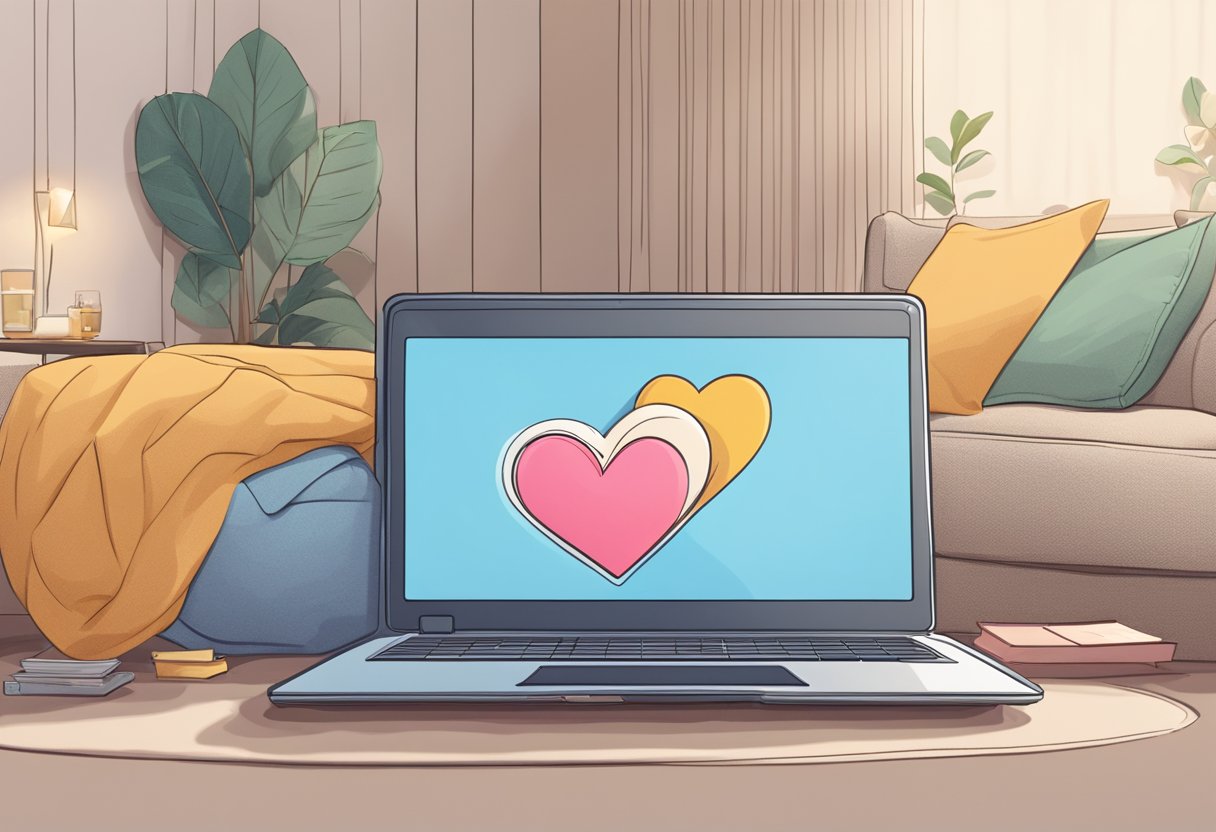 A laptop open on a cozy couch, with a heart emoji popping up on the screen and a chat box filled with thoughtful messages