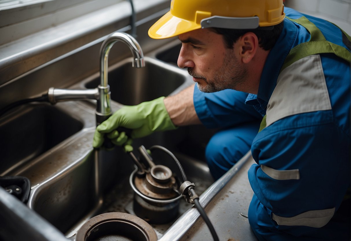 A plumber clears a clogged grease trap, using tools and equipment to remove the blockage from the drain