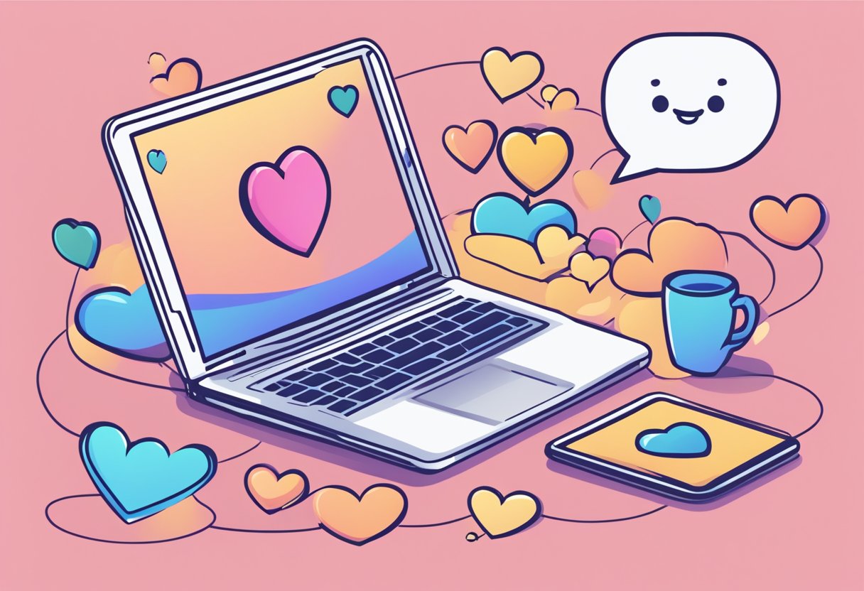 A laptop displaying a dating app with a heart icon and a chat box. A speech bubble with "I love you" and "Let's meet" above