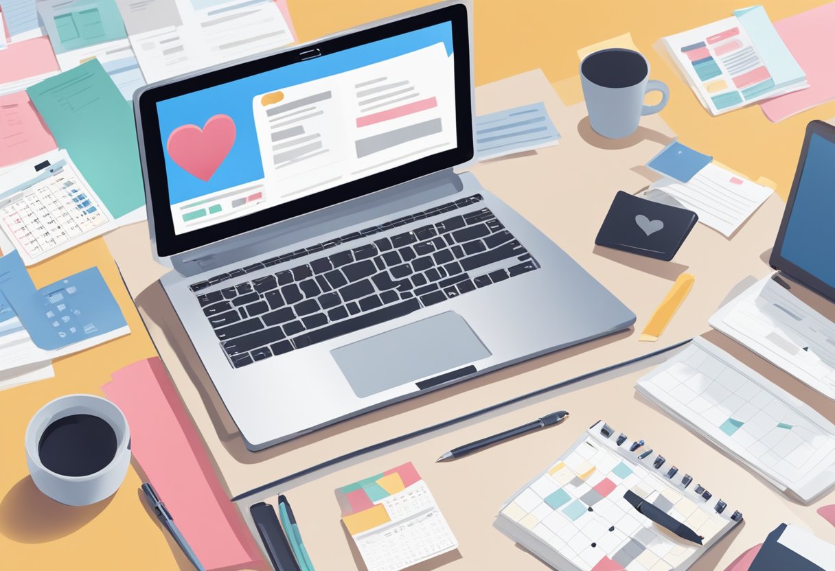 A laptop sits open on a table, surrounded by scattered papers and a pen. A heart-shaped icon on the screen indicates an online dating site. A calendar on the wall shows the transition from online to in-person meetings