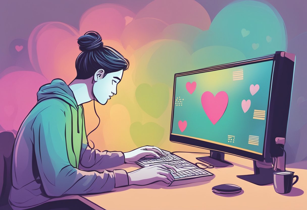 A person sits at a computer, facing a series of obstacles and disappointments while trying to find love through online dating for a serious relationship