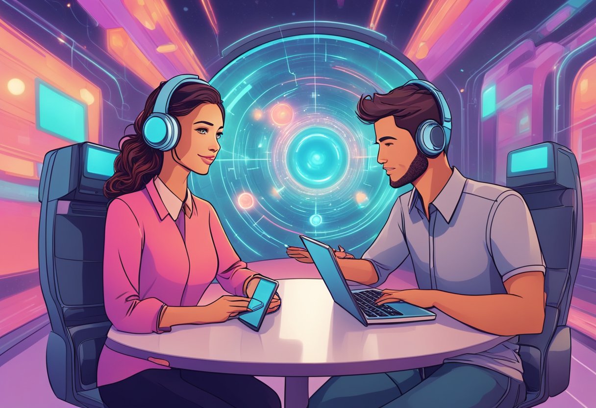 A couple meets virtually, surrounded by futuristic technology, symbolizing the future of online dating for serious relationships