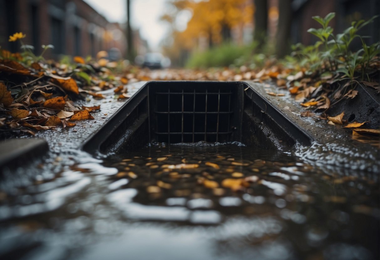 A clogged sewer box with debris and dirt blocking the flow of water
