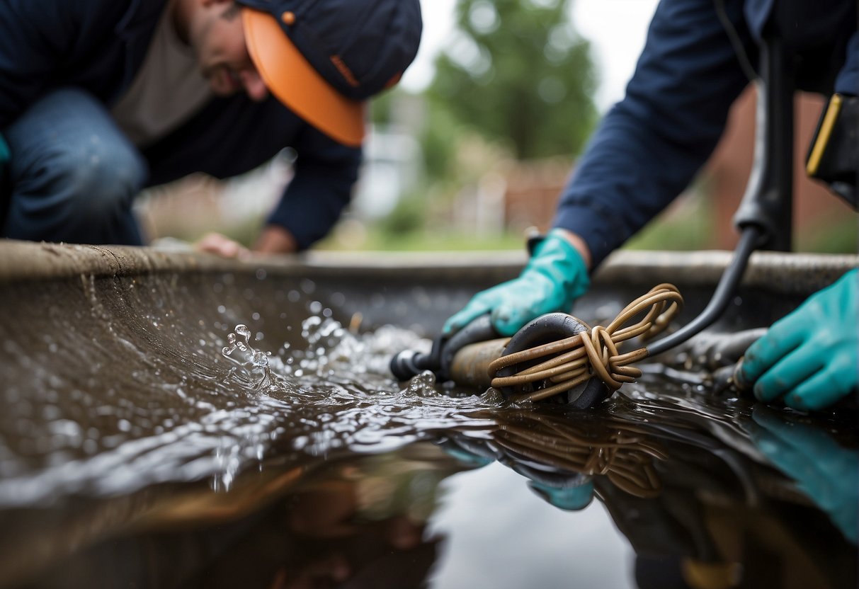 A professional plumber using specialized tools to clear a clogged sewer drain
