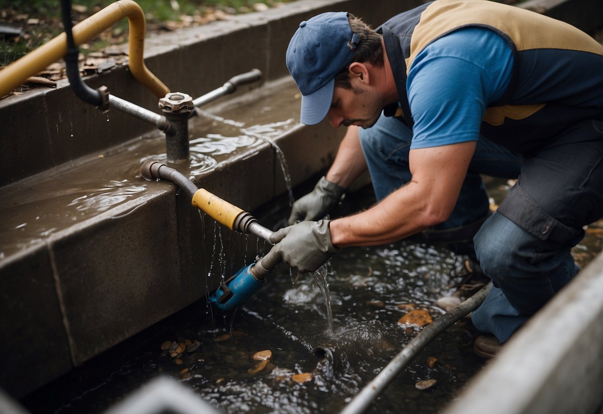A plumber using tools to clear a clogged sewer box with water and debris overflowing
