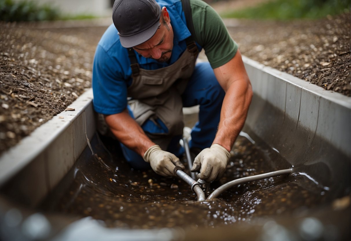 A plumber using specialized tools to clear a clogged sewer drain