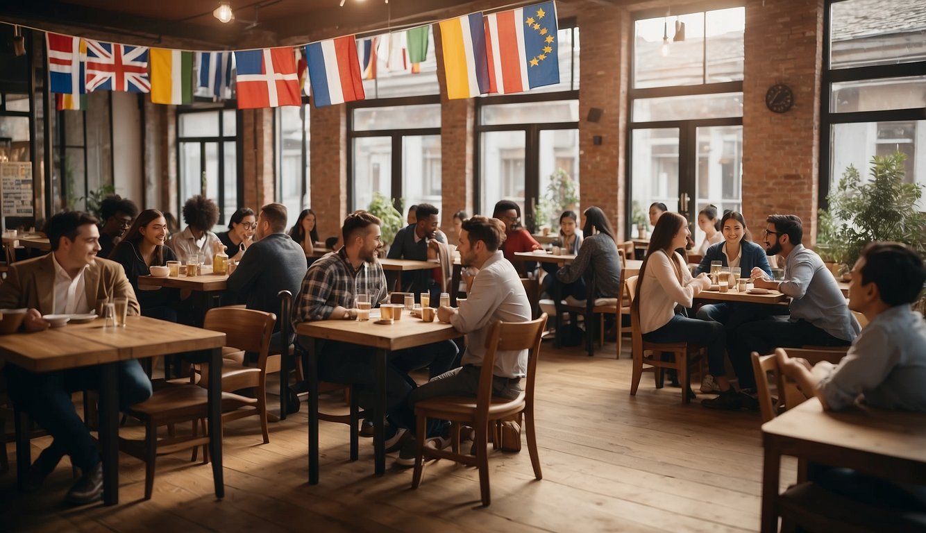 A bustling cafe with diverse groups conversing in different languages, flags and language textbooks scattered around tables