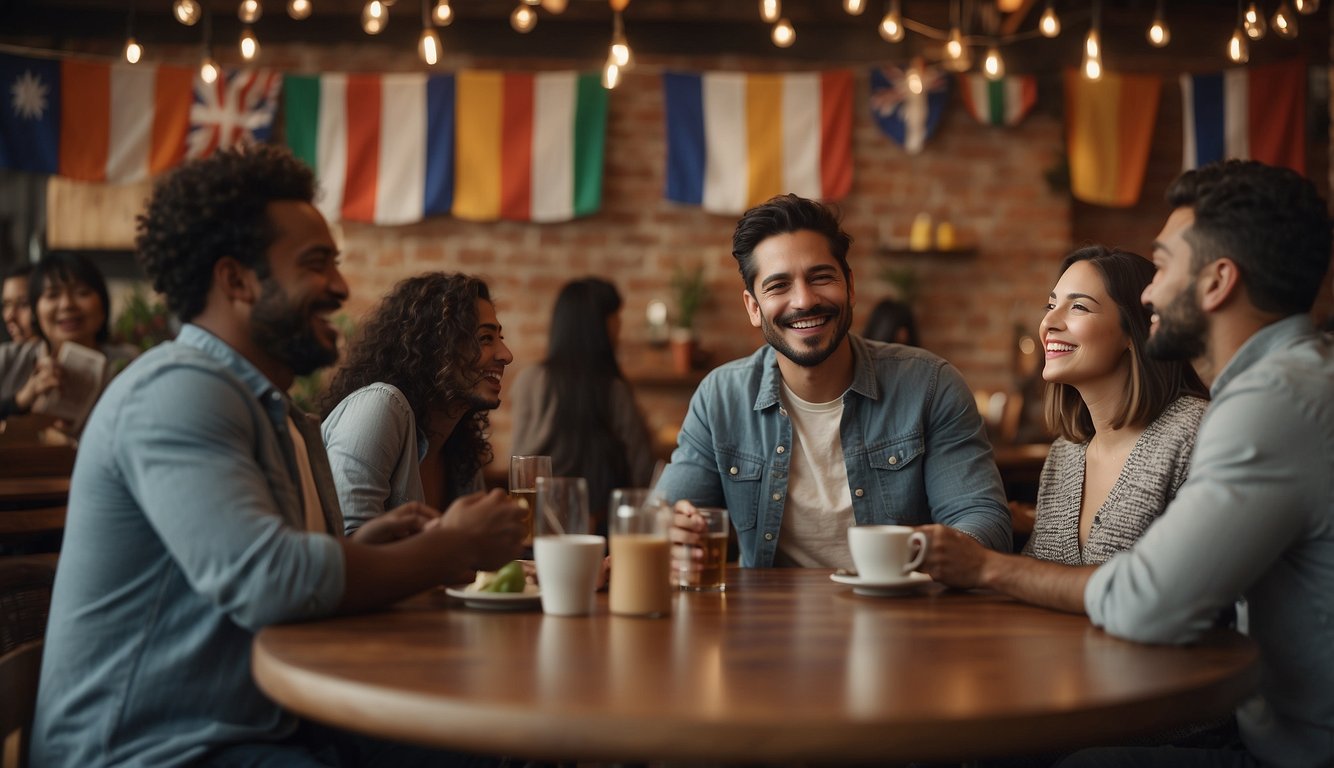 A diverse group converses in a cozy café, flags representing various languages adorn the walls. Laughter and animated discussion fill the air
