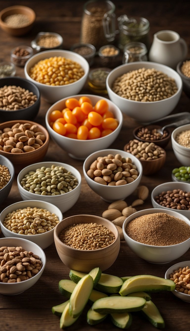 A table filled with various dog food types, bowls, and healthy recipe ingredients. A book titled "The Ultimate Guide to Dog Nutrition" open to a page discussing dietary needs