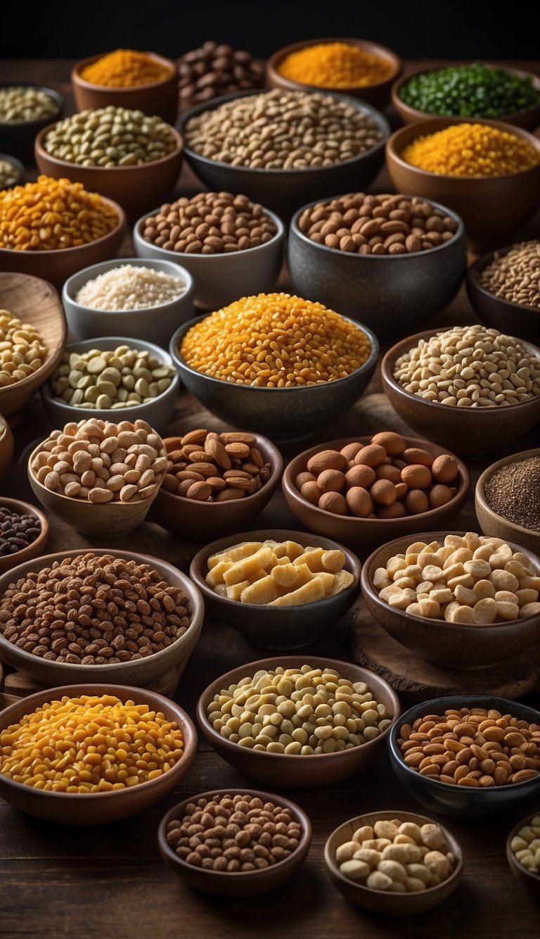 A variety of dog food types, including kibble, canned, and raw, are displayed alongside healthy recipes and dietary guidelines