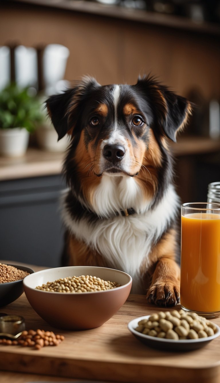 A dog nutrition guidebook lies open on a table, surrounded by various types of dog food, a measuring cup, and a bowl